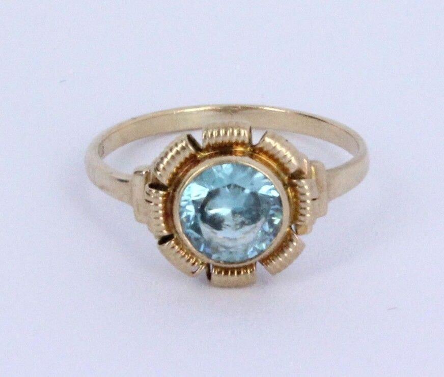Wedding - You are my Sunshine: 14K Deco Nouveau Blue Zircon Rosy Yellow Gold Engagement Ring - Size 5-5.75 - 1.25 Carat