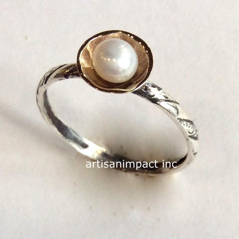 زفاف - Engagement ring, tiny ring, thin ring, stacking ring, two tone ring, sterling silver ring, silver gold ring, pearl ring - timeless. R2053