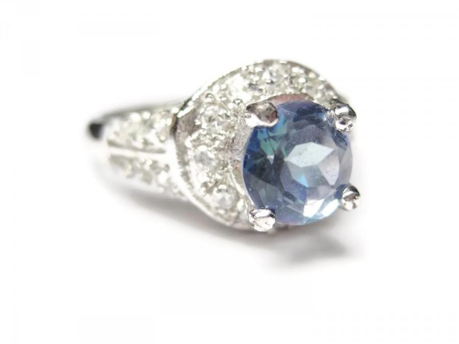 Wedding - Gorgeous Blue Topaz White Sapphire Ring 14K Size 8 Vintage