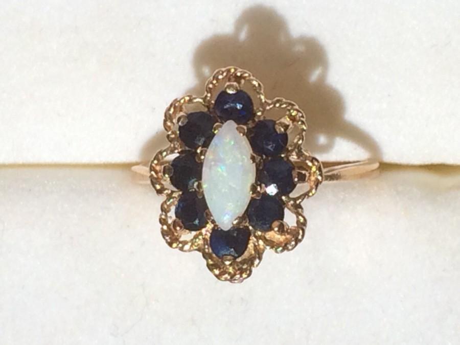 Hochzeit - Vintage Opal Ring with blue Spinel accent stones. Set in 9K Yellow Gold. Unique Engagement Ring. October Birthstone. 14th Anniversary Stone.
