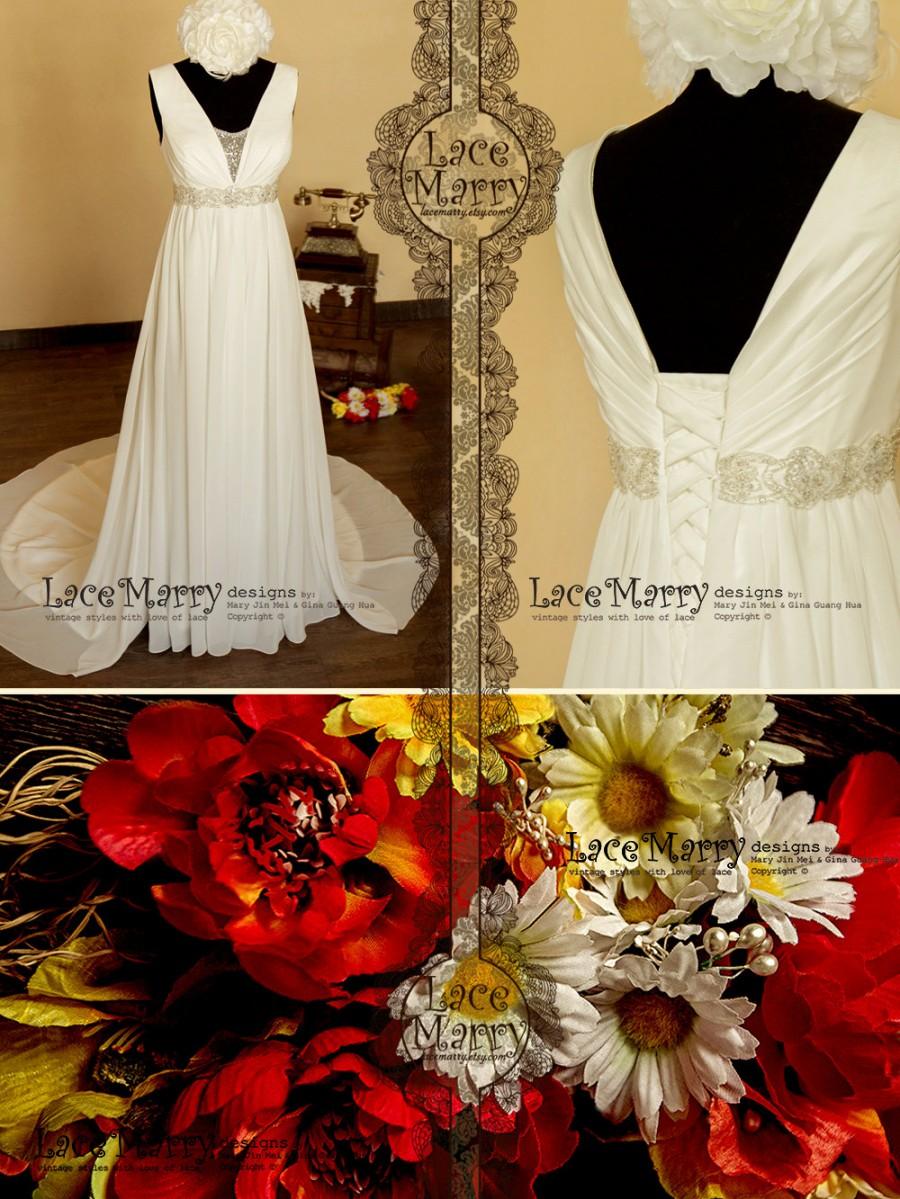 Hochzeit - Stunning Empire Style Chiffon Wedding Dress with Delicate Bead Work on on the Waist and Neckline