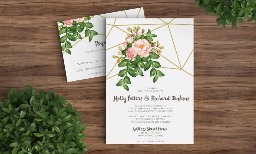 Hochzeit - Wedding Invitation Template Printable Rustic Bohemian Floral - Geometric, Gold, Watercolor, Diamonds Vintage Spring Flower Modern DIY (1110)