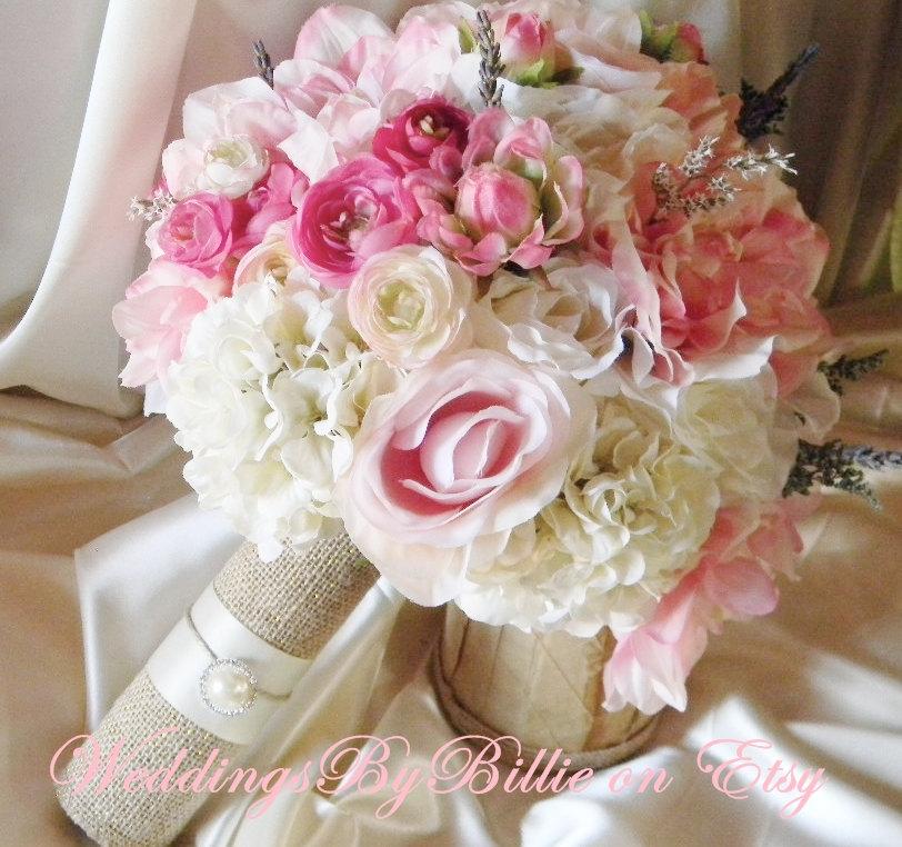 Mariage - Silk Bride Bouquet White Cream Pale Pink Roses Cream Hydrangea Wildflowers Natural Bouquet Shabby Chic Vintage Inspired Rustic Wedding