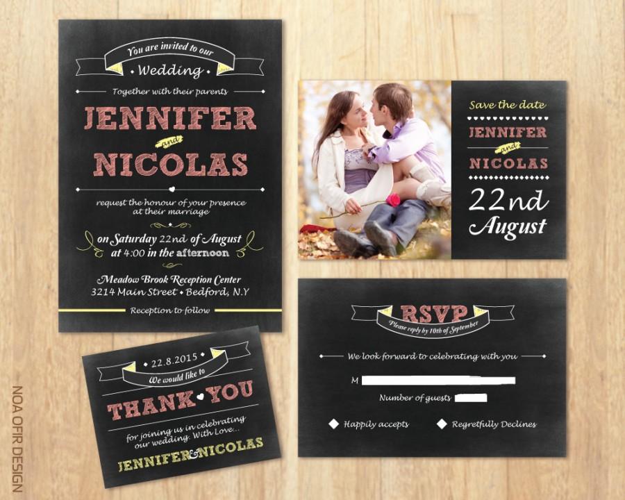 زفاف - Chalkboard Wedding Invitation Set, Vintage Invitation, Peach and Yellow Invitation, Printable DIY Invite, RSVP, Save The Date,Thank You Card
