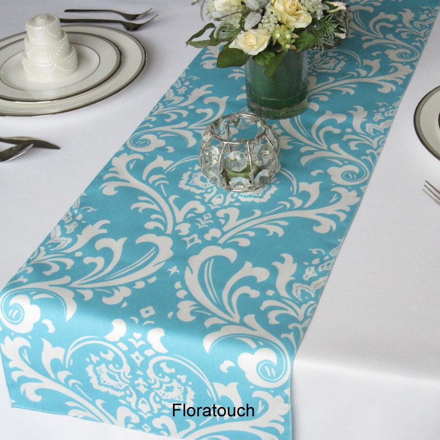 زفاف - Traditions White Damask on Light Turquoise Pool blue Wedding Table Runner