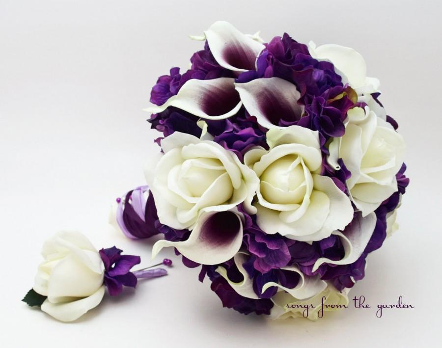 Hochzeit - Bridal Bouquet Real Touch Picasso Callas White Roses Purple Hydrangea Real Touch Rose Grooms Boutonniere Purple Plum White Wedding Bouquet
