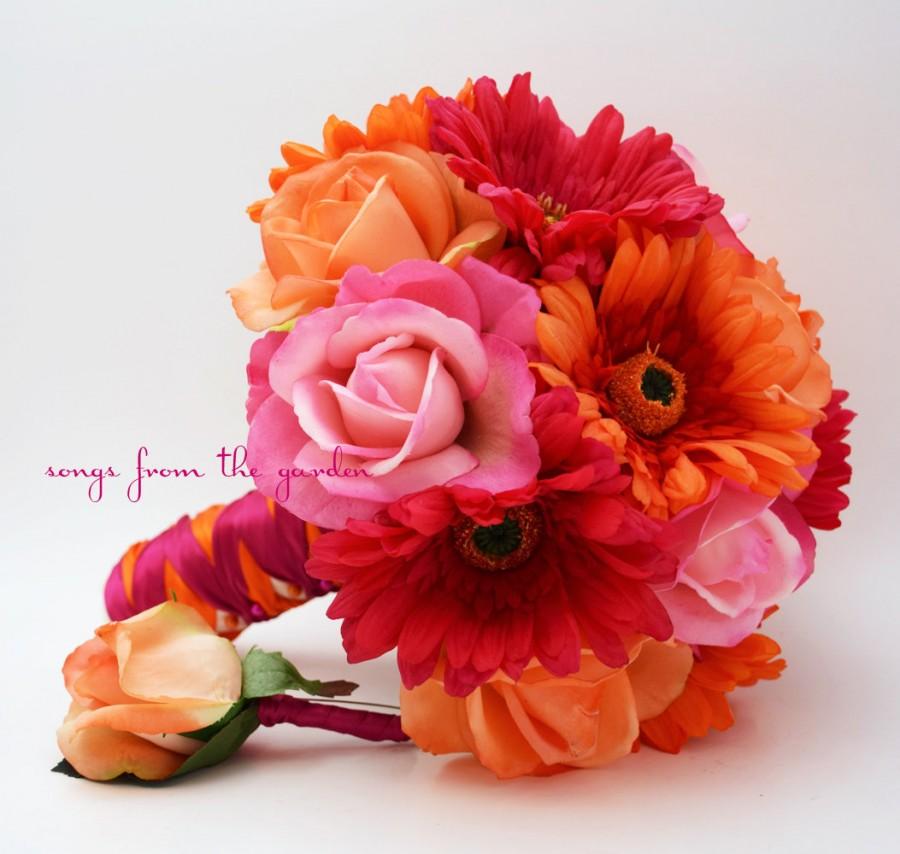 Свадьба - Bridal Bouquet Real Touch Gerbera Daisies, Real Touch Roses in Hot Pink and Orange with Groom's Boutonniere - Customize for Your Colors