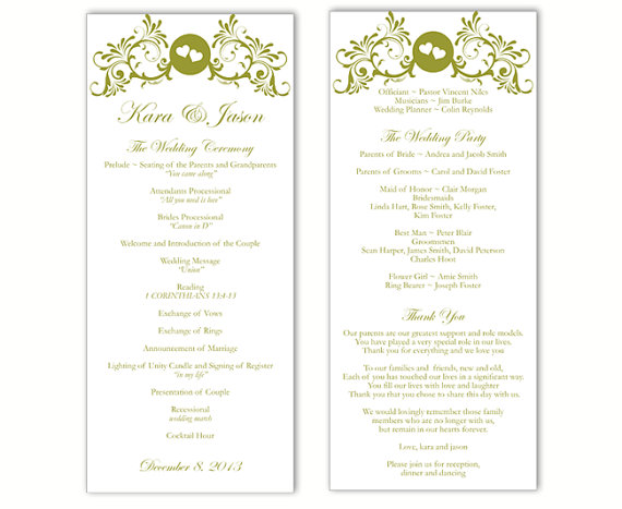 Свадьба - Wedding Program Template DIY Editable Word File Download Program Green Wedding Program Heart Program Printable Wedding Program 4x9.25
