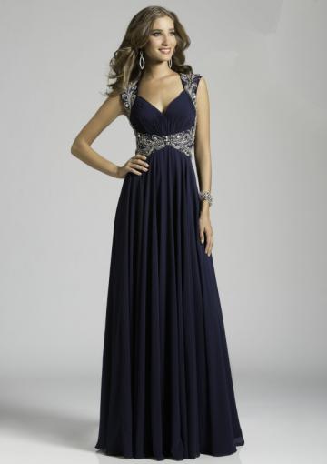 Mariage - 2015 Zipper Straps Crystals Dark Navy Chiffon Tulle Cap Sleeves Ruched Floor Length