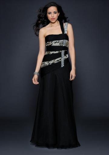 Mariage - 2015 One Shoulder Crystals Chiffon Sleeveless Black Ruched Floor Length