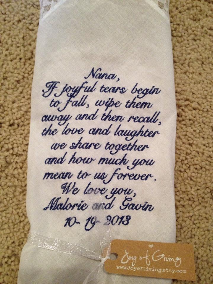 Hochzeit - Grandma GRANDMOTHER LACE SCRIPT Heirloom Personalized Wedding Handkerchief Custom Embroidered