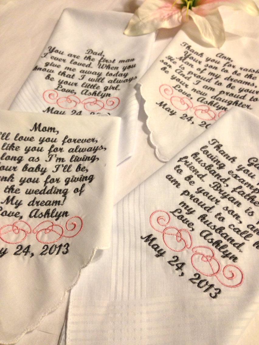 Wedding - Set of four Personalized WEDDING HANKIE'S Mother & Father of the Bride Gifts Hankerchief - Hankies