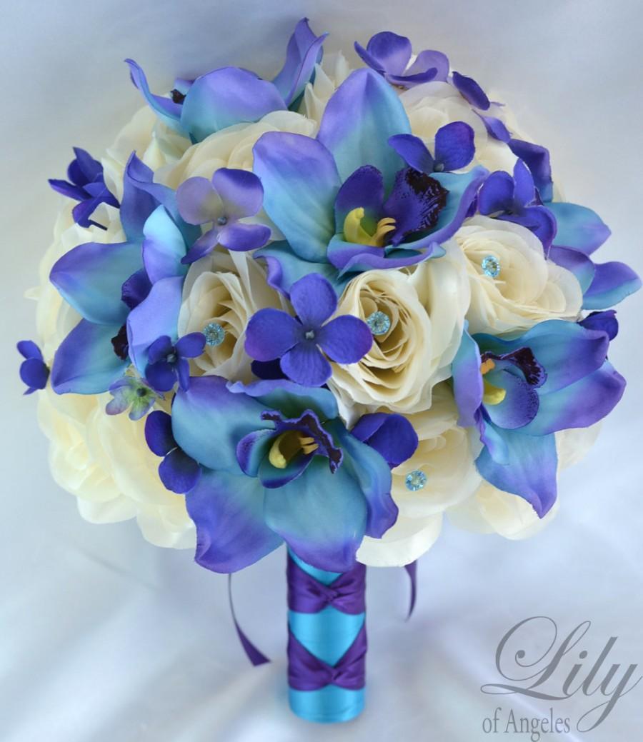 Malibu Turquoise White Silk Flower Wedding Bridal Bouquet Cascade Package