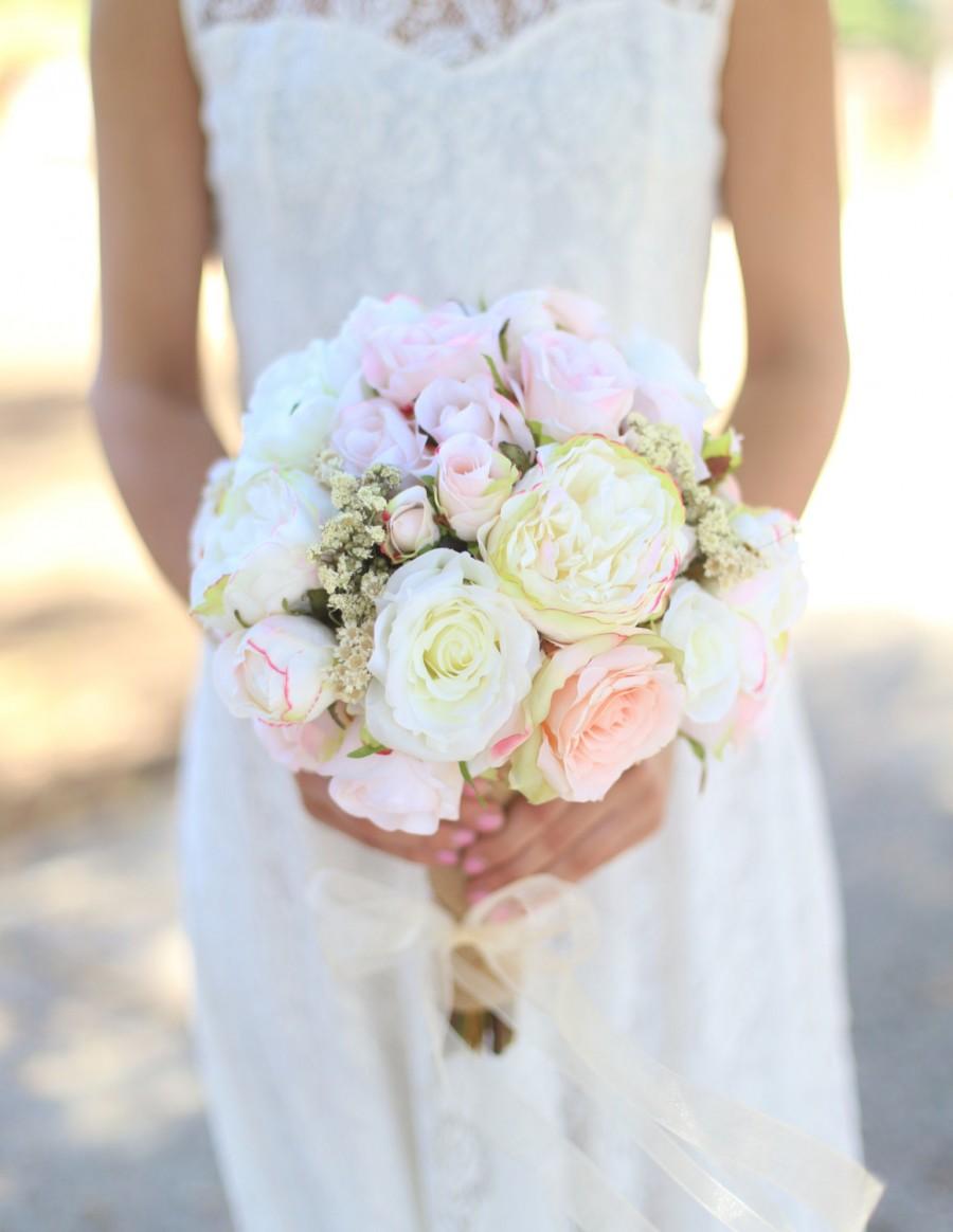 Mariage - Silk Bride Bouquet White Cream Pale Pink Roses Peonies Wildflowers Natural Bouquet Shabby Chic Vintage Inspired Rustic Wedding