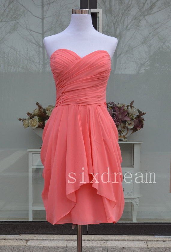 زفاف - A-line Sweetheart Short Coral Chiffon Bridesmaid Dress