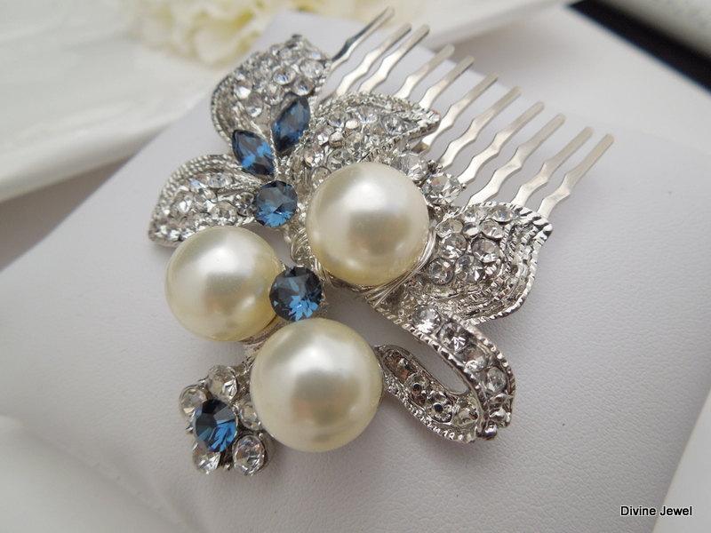Mariage - Ivory or White Pearls Hair Comb,Wedding Hair Comb,Bridal Hair Comb,Bridal Rhinestone Hair Comb,Something Blue Hair Comb,Blue,Pearl,SHARON