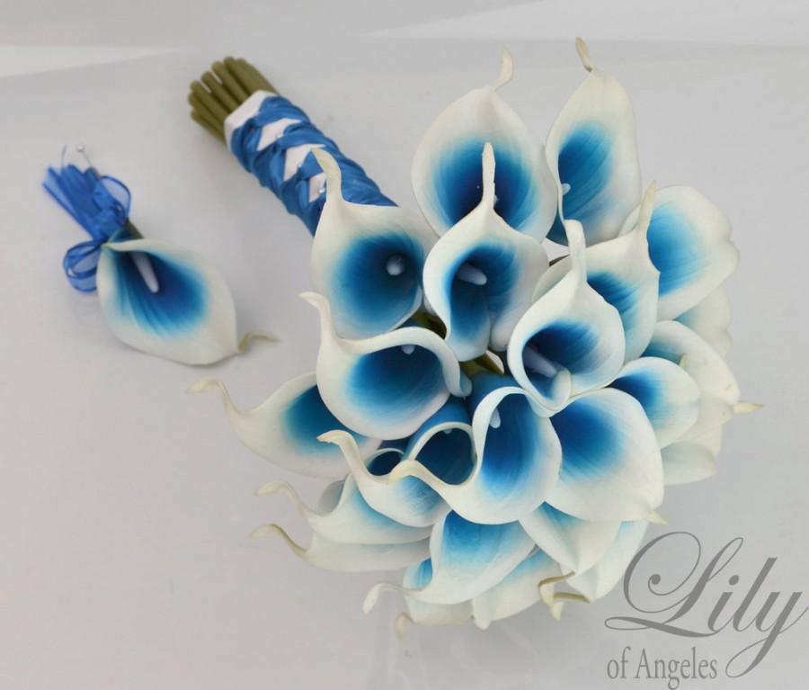 Royal Blue and white Calla Lily Silk Flower Wedding Bouquet for Bridal Party and Bride