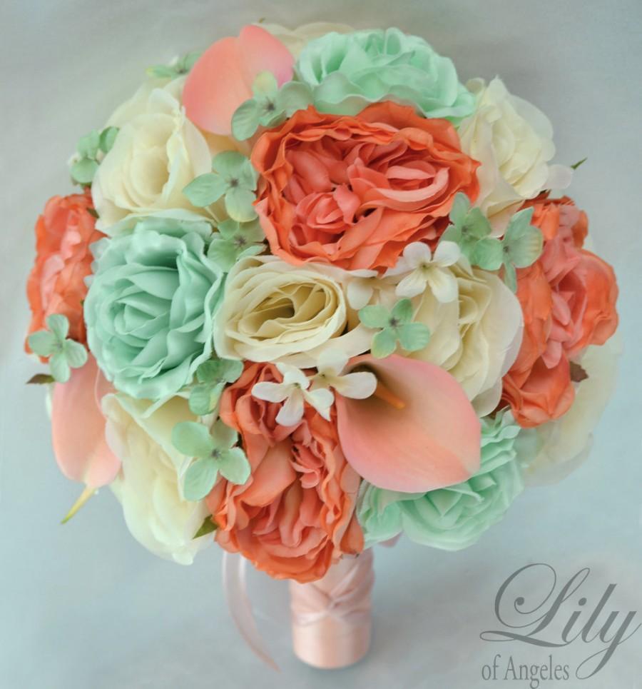 Mariage - 17 Piece Package Silk Flowers Wedding Bouquet Bride Bridal Party Bouquets Decorations Centerpieces MINT CORAL PEACH "Lily of Angeles" COMI01