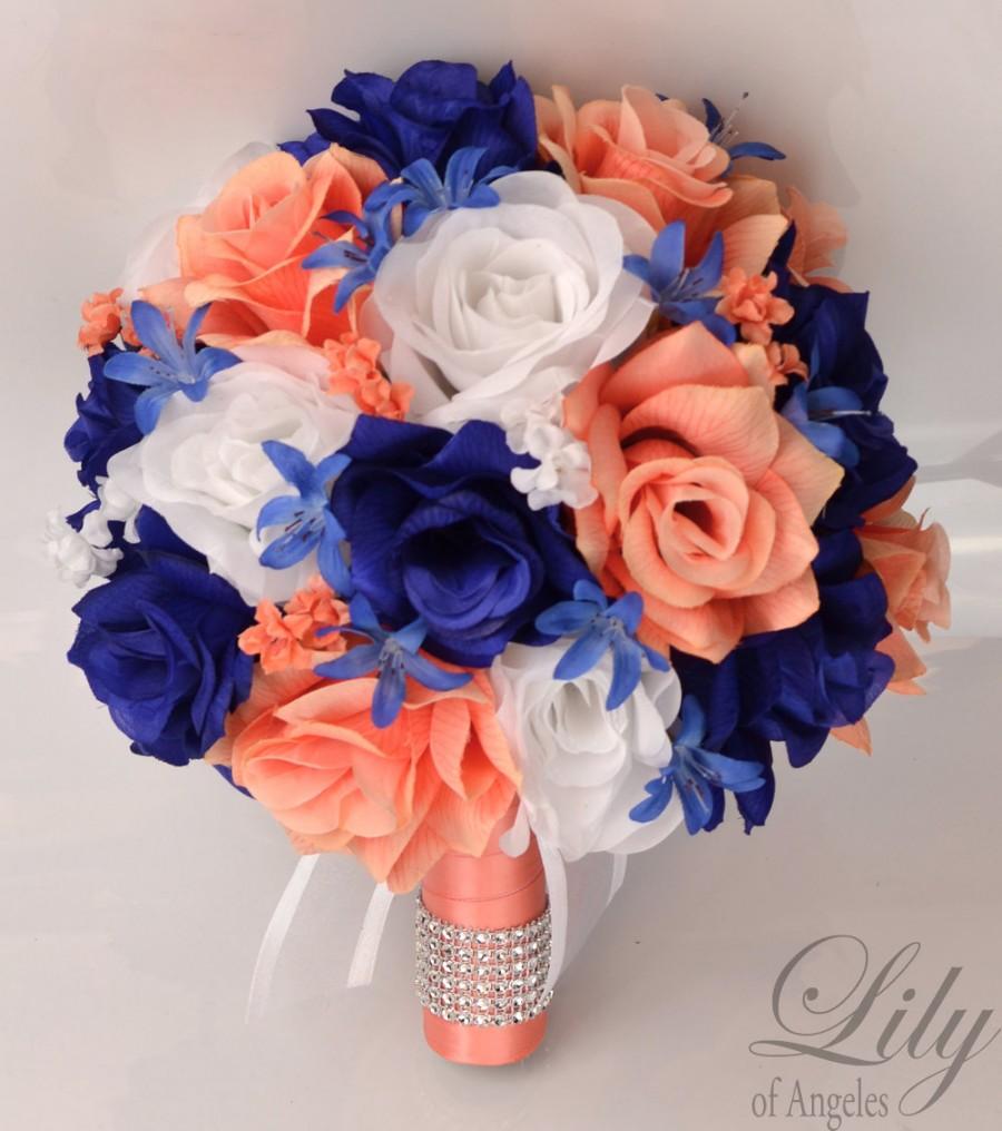 Hochzeit - 17 Piece Package Wedding Bouquet Bride Silk Flowers Bridal Party Bouquets Decoration CORAL DARK BLUE Navy Royal White Lily of Angeles COBL01