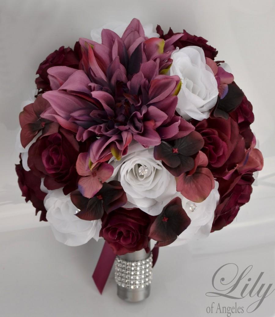 17 Piece Package Wedding Bridal Bouquet Silk Flowers GOLD BURGUNDY WINE SANGRIA 
