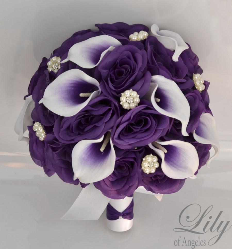 Wedding - 17 Piece Package Wedding Bridal Bouquet Silk Flowers Bouquets Bride Jewels Real Touch Picasso Calla Lily PURPLE WHITE Lily of Angeles WTPU06