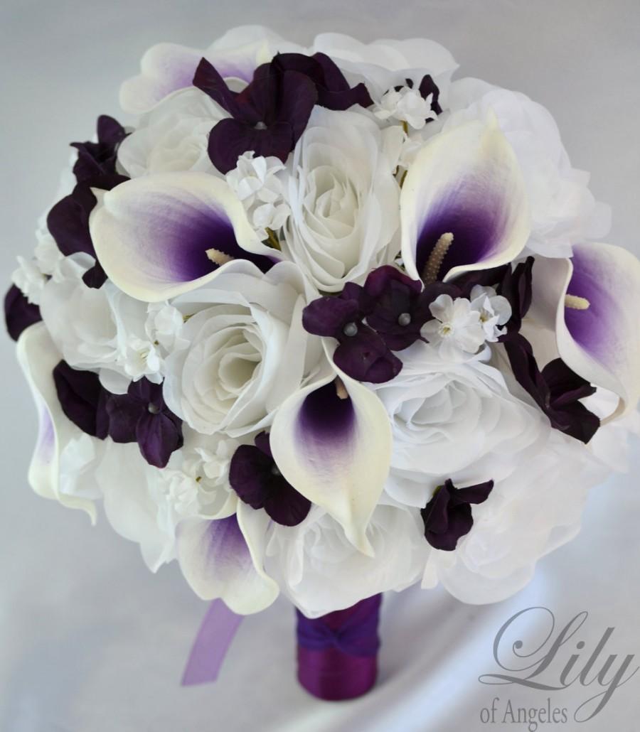 زفاف - 17 Piece Package Wedding Bridal Bouquet Silk Flowers Bouquets Bride Groom Maid Picasso Calla Lily PURPLE PLUM WHITE "Lily of Angeles" WTPU04