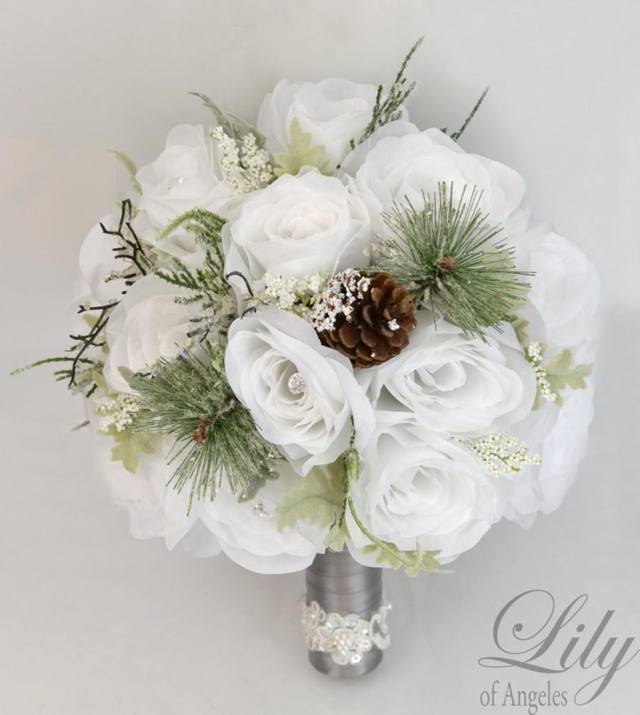 زفاف - 17 Piece Package Wedding Bridal Bouquet Silk Flowers Bouquets Bride Maid Groom Winter Pine Cone WHITE SILVER GREEN "Lily of Angeles" WTGR05