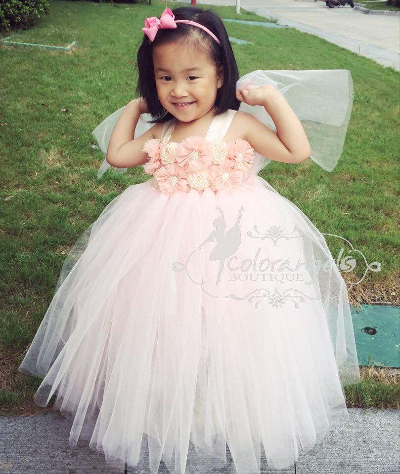 زفاف - Blush Peach Flower girl dress Baby girl's Flowers Dress Tulle Dress Wedding Dress Birthday Dress Toddler Handmade Tutu Dress 1t -8t