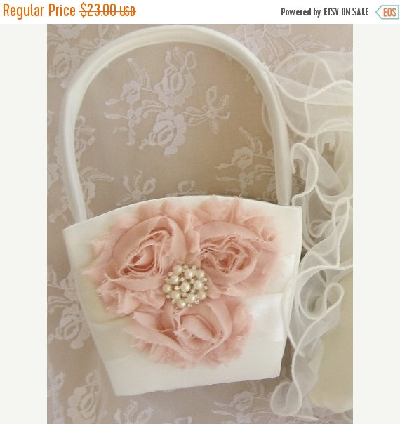 Hochzeit - SALE SALE Flower Girl Basket Shabby Chic Blush and Cream Custom Colors Wedding Basket