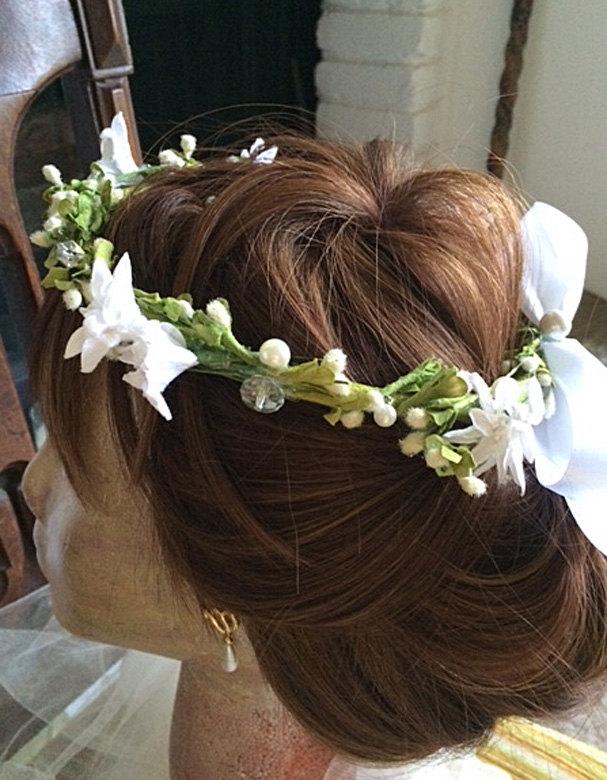 Wedding - Wedding Wreath, Bridal Headpiece, Crystals, Pearls and Jasmine, White and Ivory Millinery flowers on green based wreath, Flower Girl Circlet