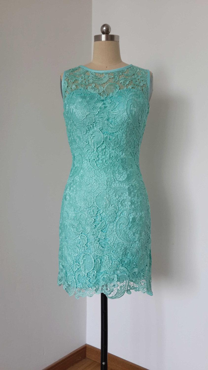 Hochzeit - 2015 Sheath Turquoise Blue Lace Short Bridesmaid Dress