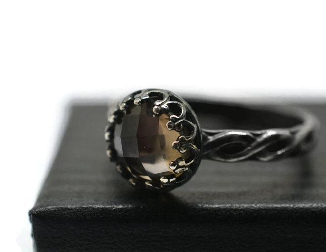 Mariage - Smoky Quartz Ring, Celtic Braid, Oxidized Silver Jewelry, Gothic Gemstone Ring, Smoke Grey Jewel Ring