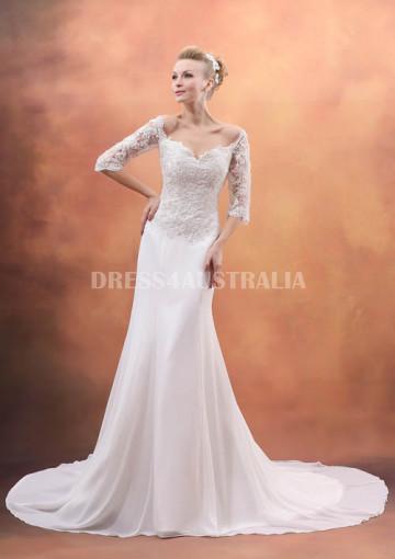 زفاف - Buy Australia Mermiad Off-the-shoulder Half Sleeves Chiffon Overlay Sweep Train Wedding Bridal Dresses at AU$213.19 - Dress4Australia.com.au