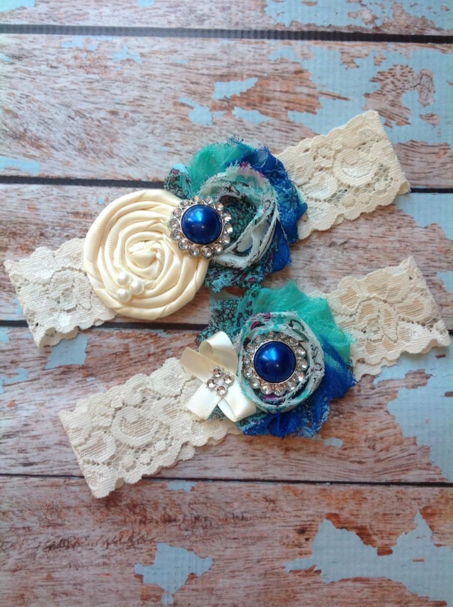 Mariage - PEACOCK wedding garter set / bridal  garter/  lace garter / toss garter included /  wedding garter / vintage inspired