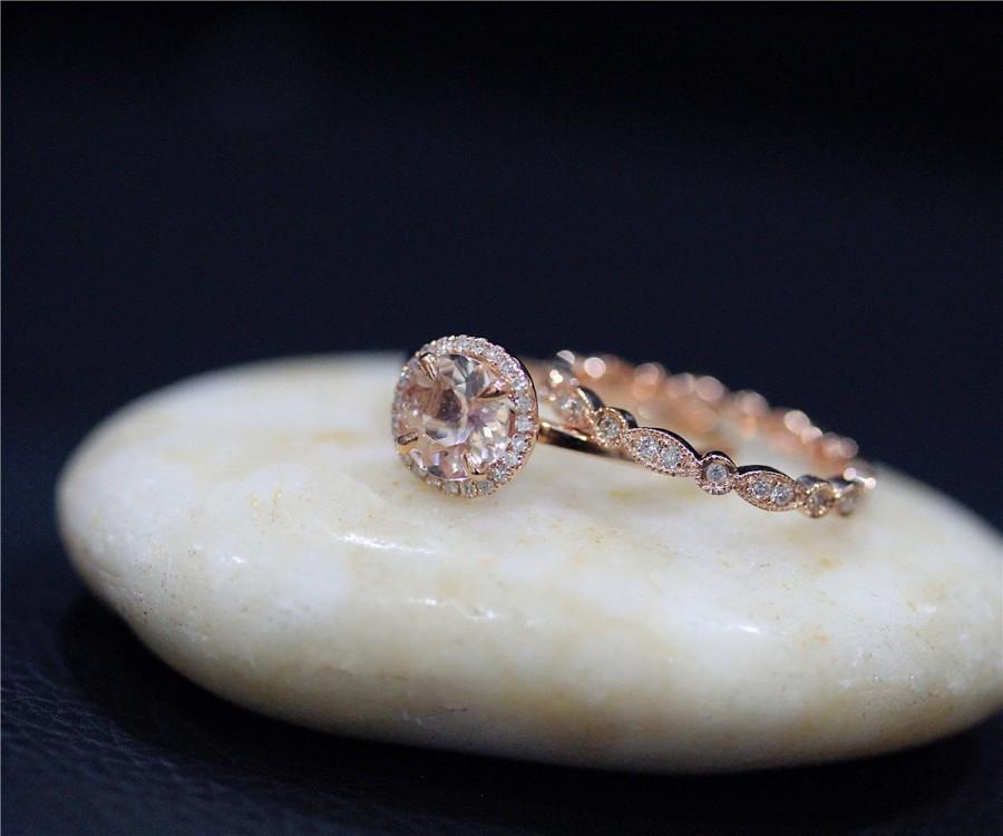 Wedding - Simple Engagement Ring Set Handmade Bridal Ring Set Round Morganite Ring Set Solid 14K Rose Gold Ring Set Diamond Wedding Ring Promise Ring