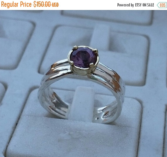Hochzeit - On Sale Silver and Gold Ring Sterling Silver 925 14K Yellow Gold Jewelry Gemstones Amethyst Handmade Artisan Crafted Size 8.5 Women Free Shi