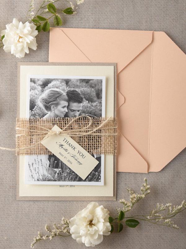 Wedding - Personalised Wedding Thank You Card Set of 20, Burlap Wedding Thank You Card, Rustic Peach Thank You cards, 