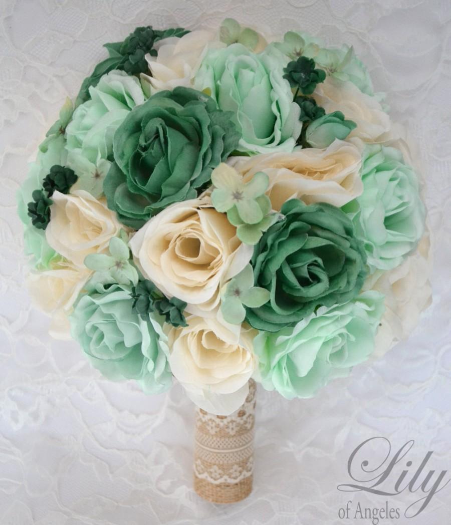 Свадьба - 17 Piece Package Silk Flowers Wedding Bridal Bouquet Bride Artificial Bouquets TEAL MINT IVORY Rustic Burlap Lace "Lily of Angeles" MITE01