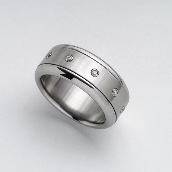 زفاف - Spinner diamonds band, Dots stainless steel ring with diamonds, kinetic men's diamonds ring, women's ring, unique promise ring