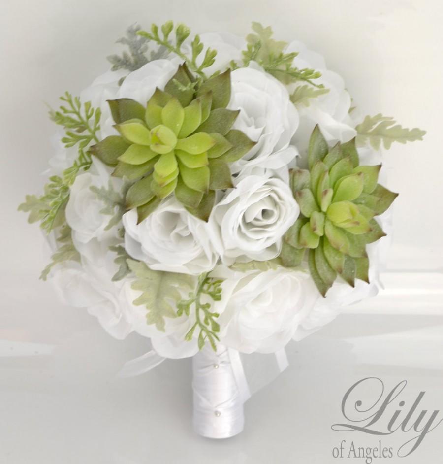 زفاف - 17 Piece Package Wedding Bridal Bouquet Silk Flowers Bouquets Bride Groom Maid Greenery SUCCULENT Light GREEN WHITE "Lily of Angeles" WTGR02