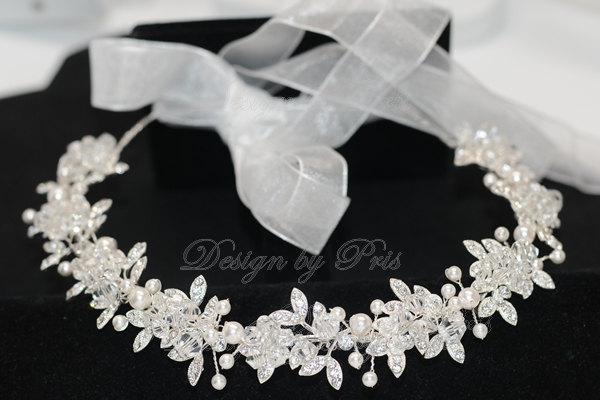 Mariage - HPH8 Bridal Headpiece.Wedding Accessories Bridal Rhinestone Floral with Swarovski Pearls and Clear Crystals Headband
