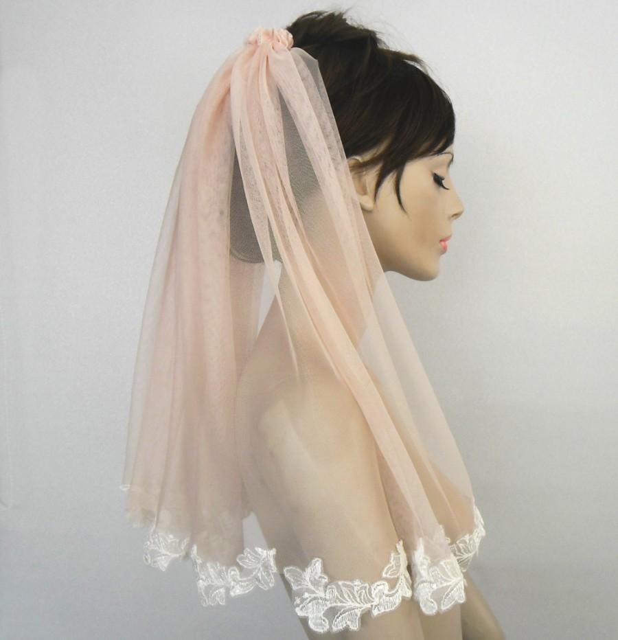 Свадьба - Bridal Tulle Veil, Soft Blush Pink, Lace Applique Trim, Unusual Veil, Unique Design, Handmade