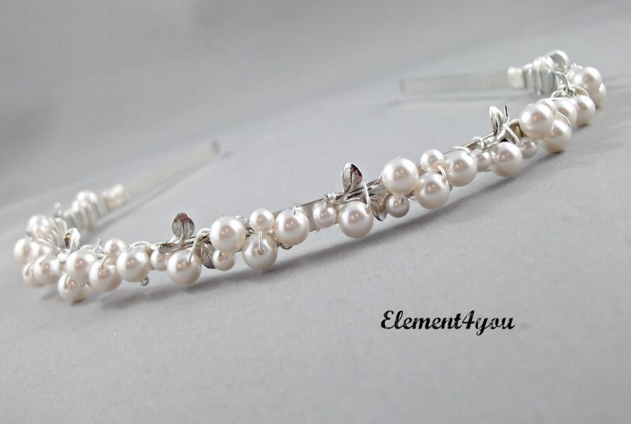 زفاف - Pearl headband, Bridal Tiara, Silver leaf ,Swarovski pearls, Beaded metal Hairband, Wedding Hair Accessory, Fall wedding hair,
