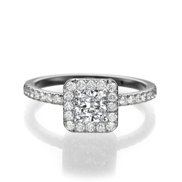 زفاف - Princess Cut Engagement Ring, 14K White Gold Ring, Halo Engagement Ring, 1.16 TCW Diamond Ring Band, Unique Halo Ring