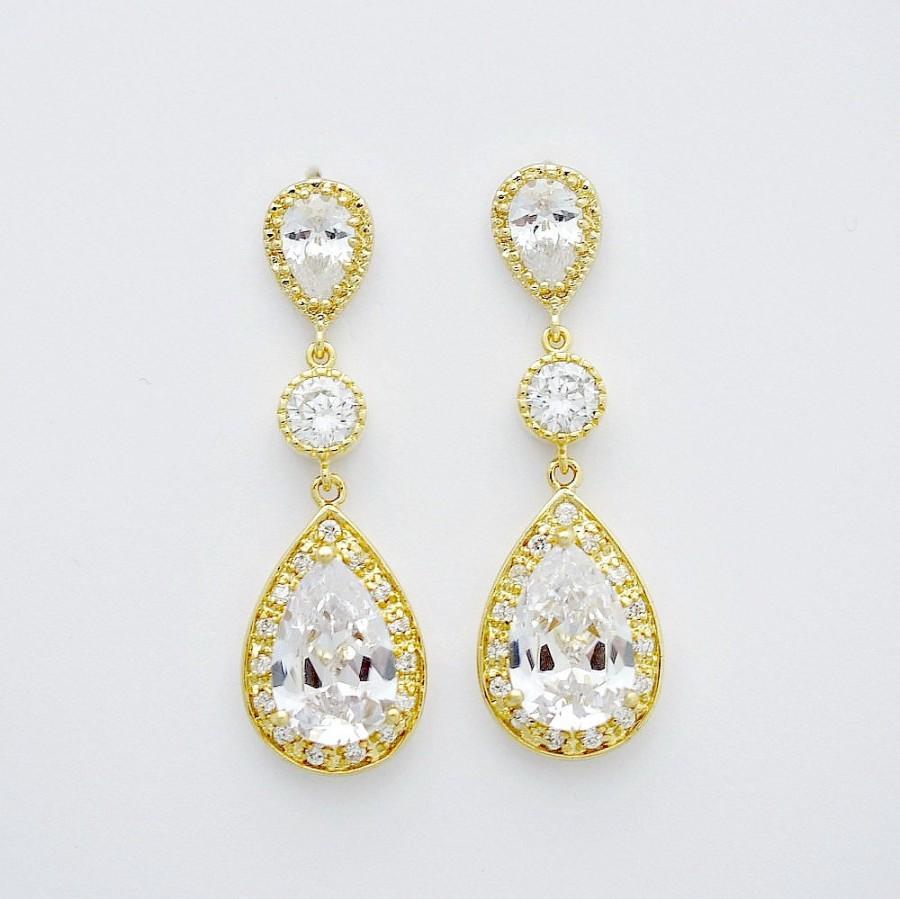 Wedding - Bridal Earrings Gold Wedding Earrings Pear Cut Gold Crystal Cubic Zirconia Drops Gold Bridal Jewelry, Evana