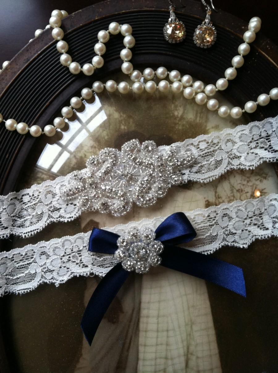 Hochzeit - SALE-Wedding Garter - Ivory Lace Garter Set - Rhinestone Garter - Applique Garter - Vintage - Bridal Garter - Vintage Garter - Toss Garter