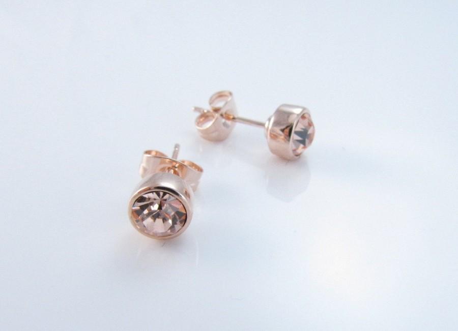 زفاف - Rose Gold Earrings, Swarovski Crystal Champagne Stud Earrings, Rose Gold Stud Earrings