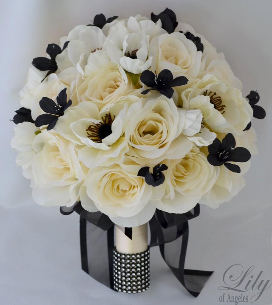 Mariage - 17 Piece Package Wedding Bridal Bride Maid Of Honor Bridesmaid Bouquet Boutonniere Corsage Silk Flower BLACK IVORY "Lily of Angeles" IVBK03