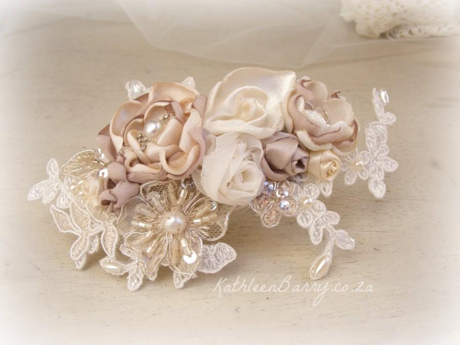 Mariage - R795 - Liesl bridal hairpiece floral - veil comb wedding hair accessory - ivory champagne