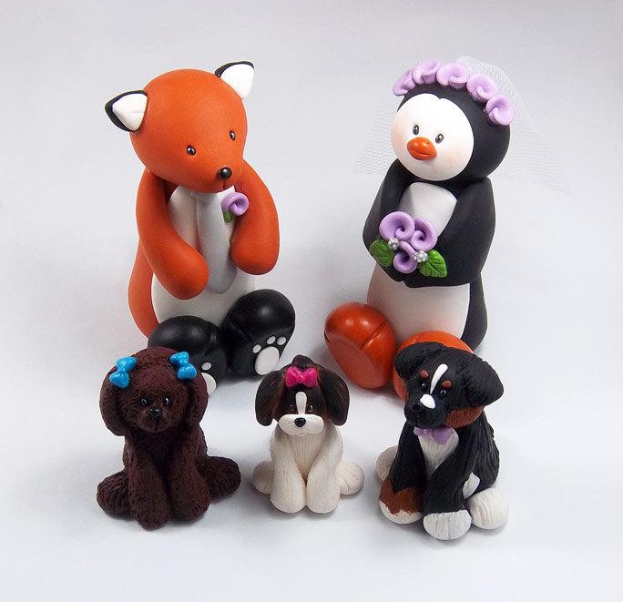 زفاف - Animal Wedding Cake Topper, Fox and Penguin, Handmade Figurines, Personalized Gift, Pets, Dog Figurines, Unique Wedding Decoration